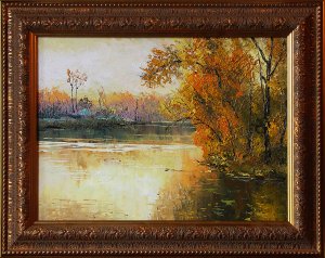 Картина Осень на озере, 2010г / масло и холст / Хохорь А.Ю. / осен, озеро, село, деревья