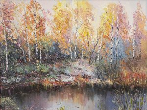 Картина Золотые берёзки / Масло и холст / Хохорь А.Ю. / вода, осень, деревья, река