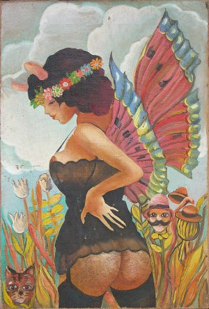 Картина Бабочка тел. / Масло и холст / Неизвестный художник / бабочка, женщина, ню
