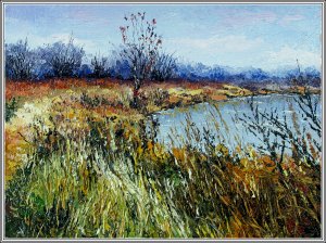 Картина Заросший берег / Масло и холст / Хохорь А.Ю. / пруд, озеро, осень, трава