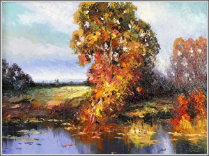 Картина Закатный свет / Масло и холст / Хохорь А.Ю. / ветер осень закат вода река пруд