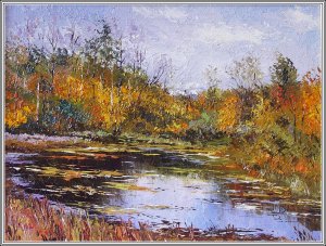Картина Осень, лесное озеро / Масло и холст / Хохорь А.Ю. / осень озеро лес пруд река