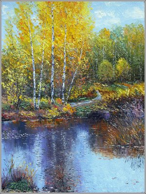 Картина Золотая осень / Масло и холст / Хохорь А.Ю. / Осень озеро берёзки пруд красота
