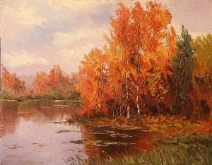 Картина Осень пришла, Косино, 2008г / масло и холст / Хохорь А.Ю. / осень,лес,деревья,вода,река,красная осень,золотая осень