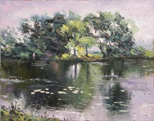 Картина Зелёный пруд / Масло, холст / Хохорь А.Ю. / вода, озеро, лето, пруд, зелень, деревья
