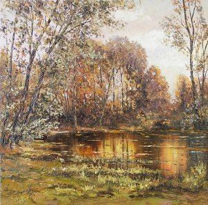 Картина Деревья вокруг пруда / пруд, вода, деревья, лес, парк, осень