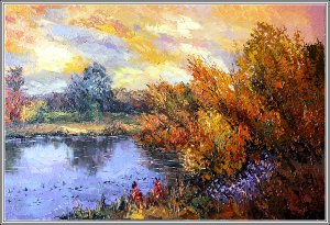 Картина Золотая осень / Масло и холст / Хохорь А.Ю. / пруд осень озеро кусты