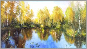 Картина на чёрном озере / Масло и холст / Хохорь А.Ю. / озеро, природа, пейзаж, осень, парк, лес, пруд